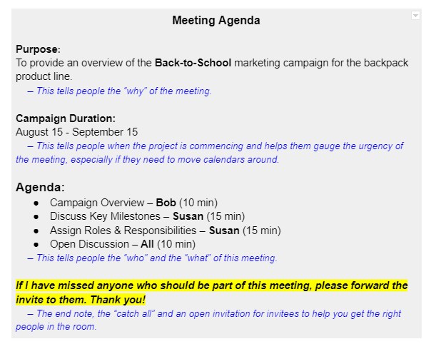 Example of a good meeting agenda