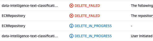 The following resource(s) failed to delete: [ECRRepository].
