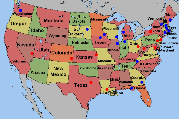 map highlighting towns called Bristol in the United States