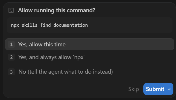 Approval to run npx skills find