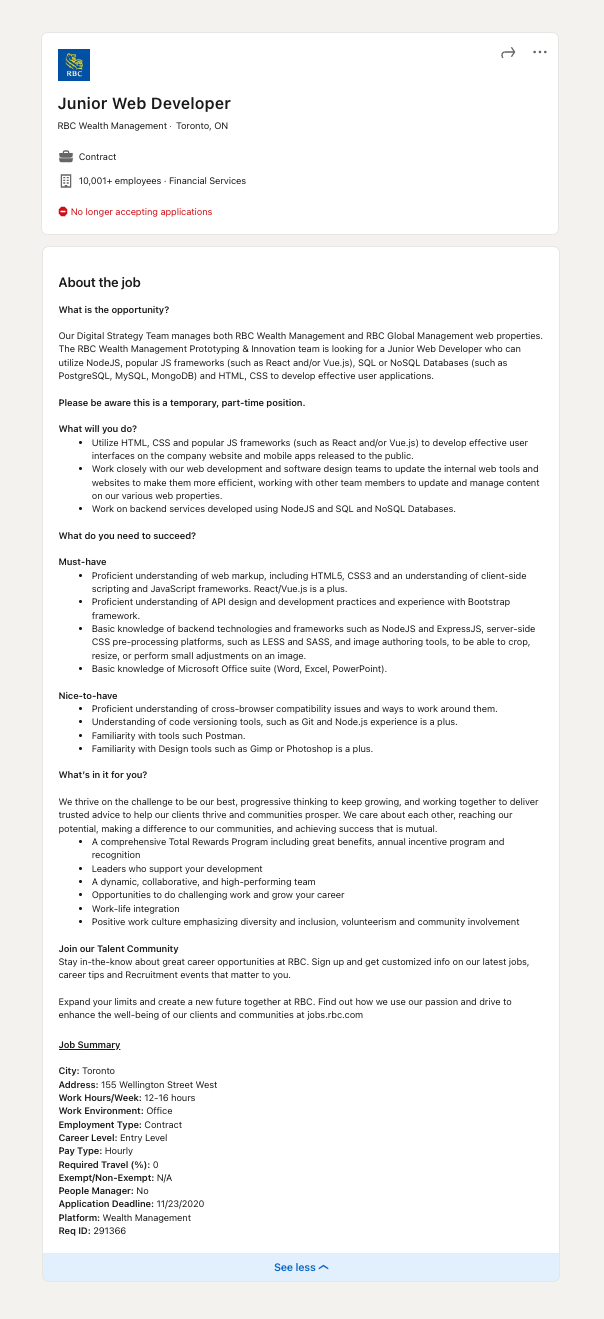 Job posting for ajunior developer position at RBC Wealth Managament Canada