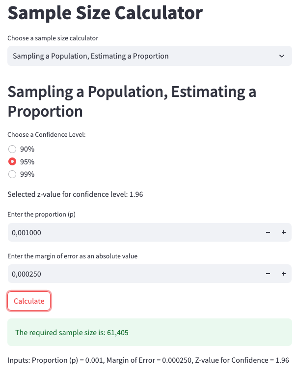 App screenshot 5: Calculating the sample size for estimating a proportion when sampling a population.