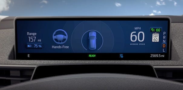 Rendering of a Mach-E dashboard showing Blue Cruise mode active