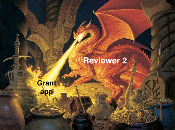 The Hildebrandt brothers’ Smaug, guarding its treasure with fire. The image is modified to label Smaug as “Reviewer 2", and the object its fire and fury as “Grant app”.