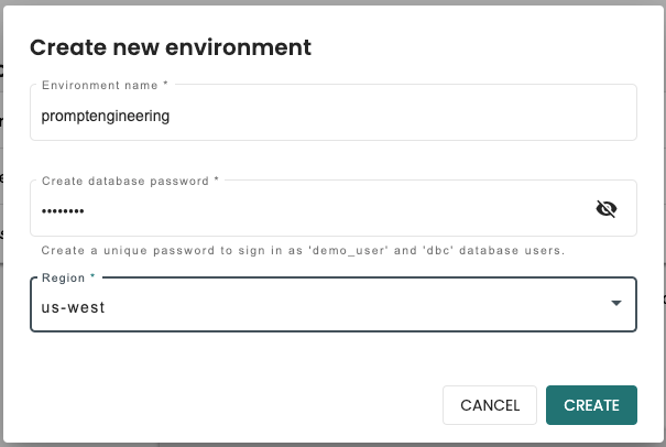 Web interface form for creating a new environment in ClearScape Analytics Experience site. The form has fields for entering an environment name, creating a database password, and selecting a region, with ‘us-west’ currently selected. There are buttons for ‘CANCEL’ and ‘CREATE’ at the bottom of the form.