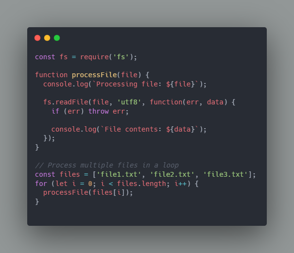 A function called processFile that reads the contents of a file using fs.readFile