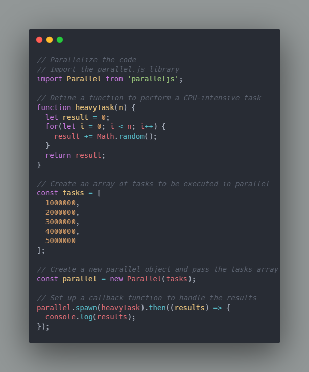 A code that has been paralelized using the parallel.js library in JavaScript