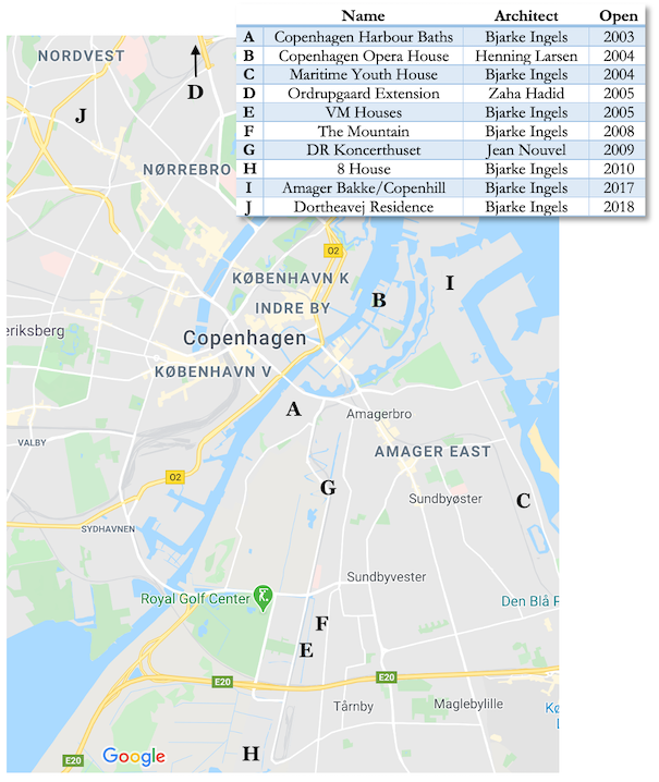A map of Copenhagen with highlighted starchitecture sites