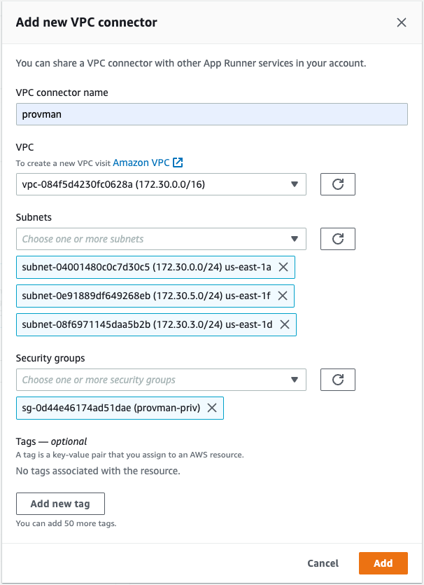 Add a new VPC Connector to your App Runner service