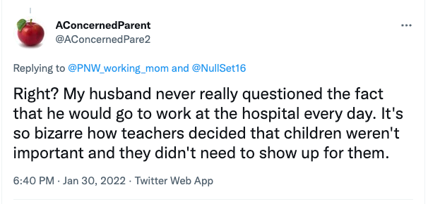 Tweet reading in part: “It’s so bizarre how teachers decided that children weren’t important and they didn’t need to show up for them.”