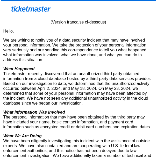 Email From TicketMaster about DataBreach / Hack in 2024