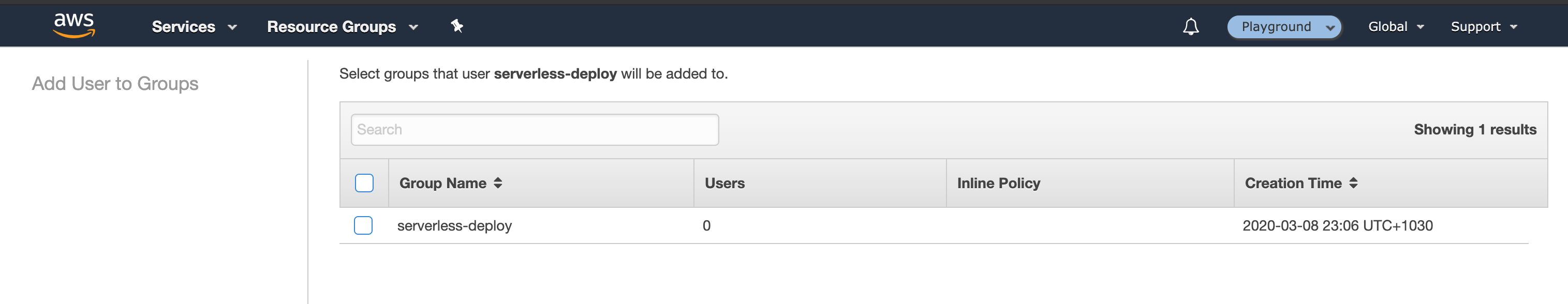 AWS Console — IAM User Add user to groups