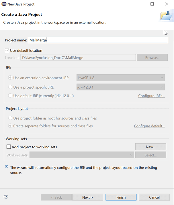 New Java Project wizard dialog box