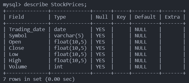 table showing describe StockPrices in MySQL