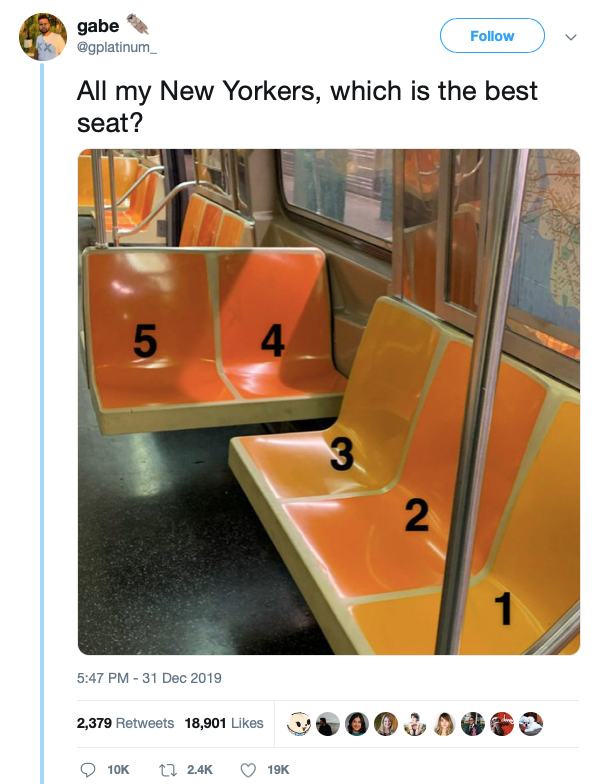 Bautista labeled each subway seat with a number to see which one New Yorkers liked the most. Source: Twitter.