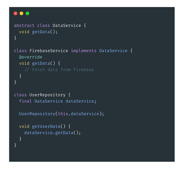 Code example showing a solution to SOLID principles violations in Flutter, illustrating improved design and adherence to best practices.