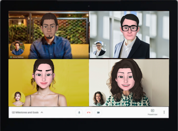 a video calling platform with 4 users. instead of their faces we see ar emoji face of each user on their real body