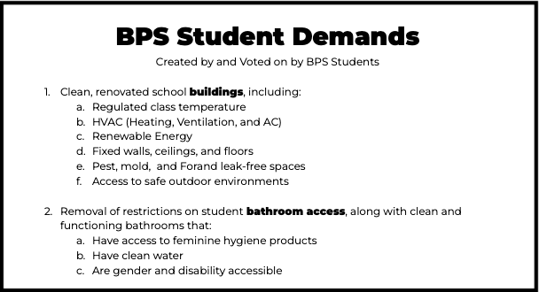 Image of the first two out of nine sets of student demands. Number one is clean, renovated buildings include HVAC, renewable energy, walls and ceilings in good repair, and others. The second set is about bathrooms including that they be clean and that restrictions on student access be removed.