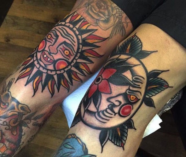 Sun and moon traditional tattoo | Knee tattoo, Traditional ... - moon and sun traditional tattoobr /
