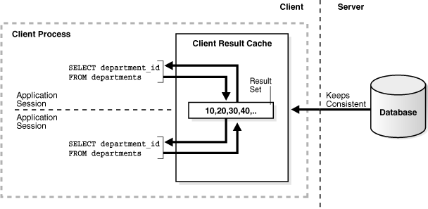 Architecture diagram showing that repeated queries get data from the client cache without interacting with the database.