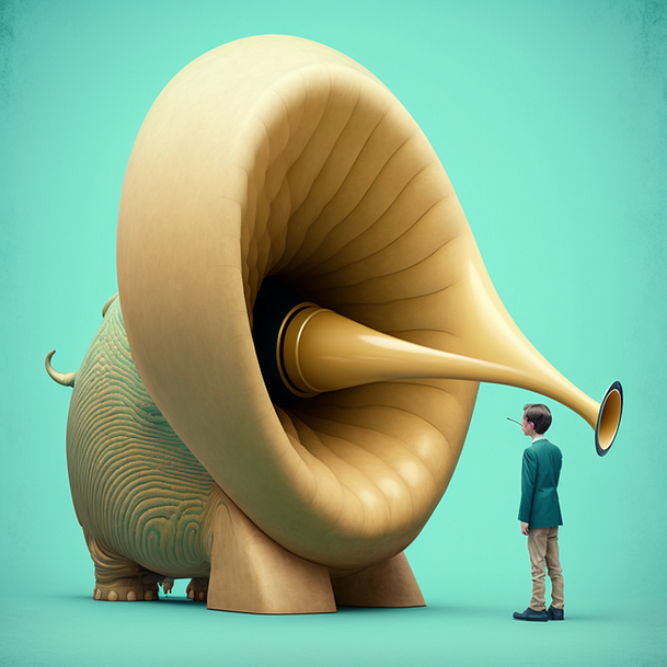 AI generated of a person standing in front of a stylized elephant looking creature with a large ear like trunk. midjourney prompt: “a large ear in the size of a human, listening to a conversation with a stethoscope, in the style of Wes Anderson”)