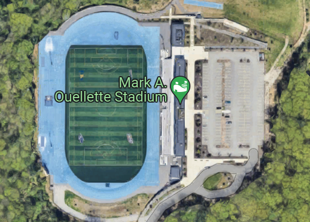 Google Earth/Maps screenshot of Mark A. Ouellette Stadium on the campus of Southern New Hampshire University in Hooksett, New Hampshire