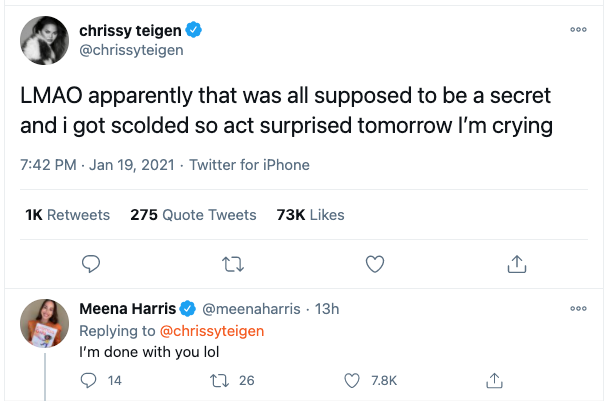 Screenshot of Twitter banter between Chrissy Teigen to Meena Harris.