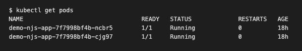 A screenshot of the terminal window showing the output of kubectl get pods listing two pods that are up and running and fully ready.