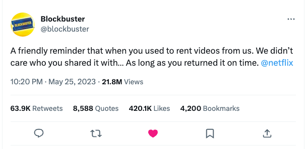 this is a screenshot from a blockbuster twitter account joking about Netflix asking for more money for more users of account