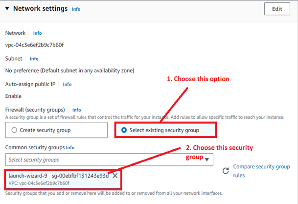 Select the Existing Security Group