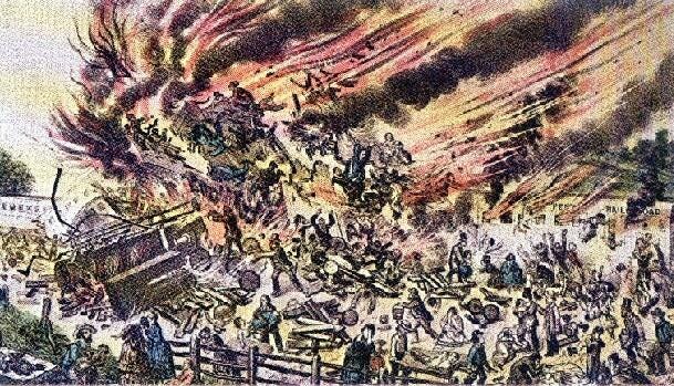 An 1856 artistic illustration of the Great Train Wreck