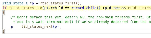 Screenshot of the code that was supposed to identify and skip over the main thread. Shows a comparison between the TID of the thread under consideration with the PID we retrieved for the recorded child.
