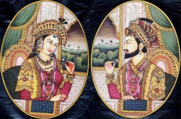 An image of Mughal emperor Shah Jahan and his favorite wife, Mumtaz Mahal