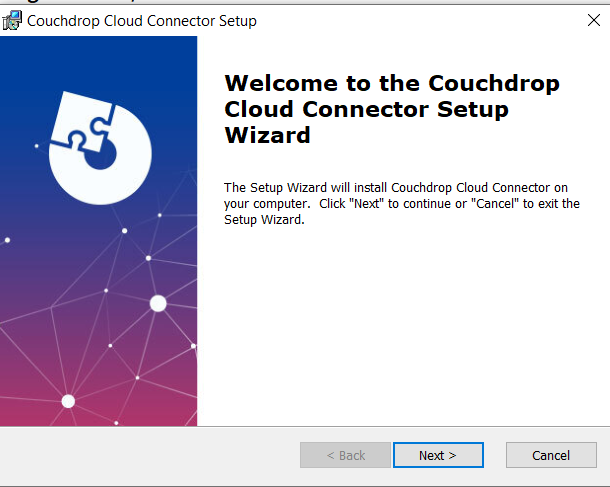 The Couchdrop Connector Wizard guiding the Windows Agent install to prepare for file transfers from NetSuite to SharePoint