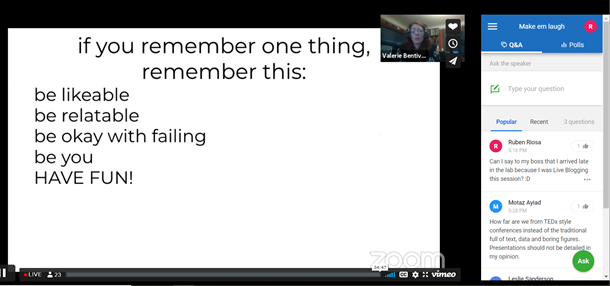Screen shot of the presentation with the text: if you remember one thing, remember this: Be likable, be relatable, be you!