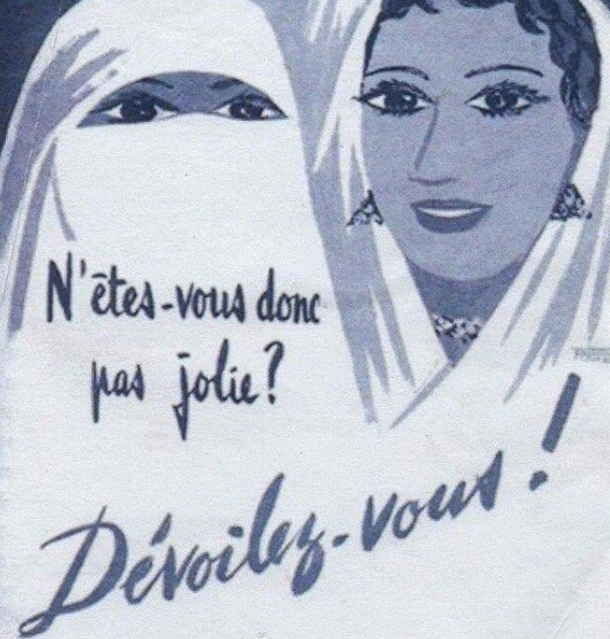 image source: https://www.trtworld.com/magazine/france-s-islamophobia-and-its-roots-in-french-colonialism-25678, French propaganda poster in Algeria, 1960