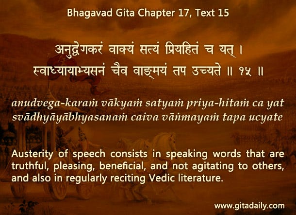 Austerity of Speech, Bhagavad Gita 17:15