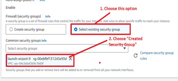 Select the existing security group