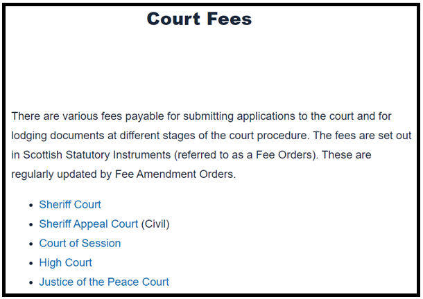 The top of the Court Fees page which has a bullet list of links to the different courts.
