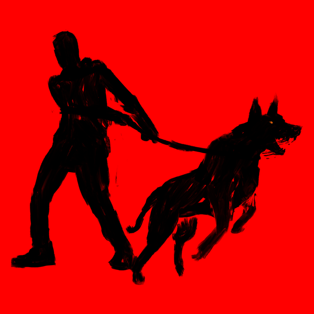 Painting in black and red of a man restraining a dog by its leash