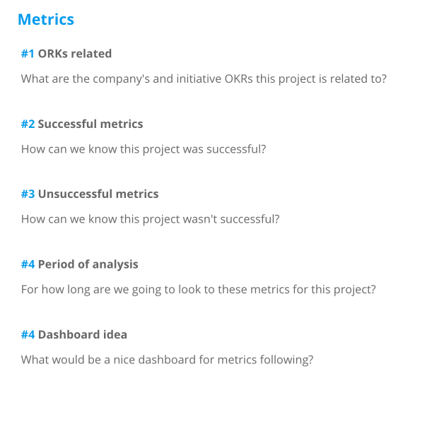 Draft of a project metrics template document with topics and instructions on how to fill in.