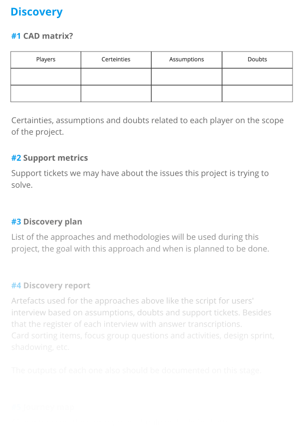 Part of a draft of a project discovery template document with topics and instructions on how to fill in.
