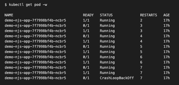 The screenshot of a terminal window showing the output of kubectl get pod and a pod reporting CrashLoopBackOff