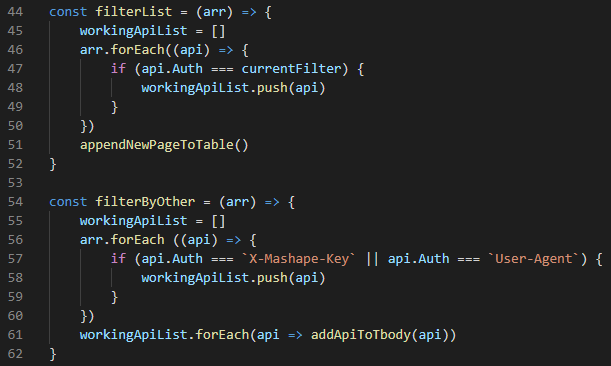 Code snippet for the filter functions.