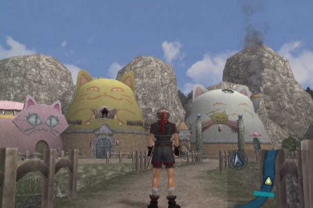Game Still: The main character standing before a series of buildings that look like cats.