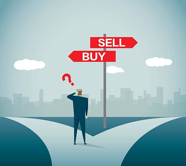 A businessman stands at a crossroads, looking confused with a red question mark above his head. In front of him is a signpost with two arrows: the left arrow labeled “BUY” and the right arrow labeled “SELL”. The background features a city skyline under a blue sky with scattered clouds. This image symbolizes the dilemma investors face when deciding whether to buy or sell stocks.