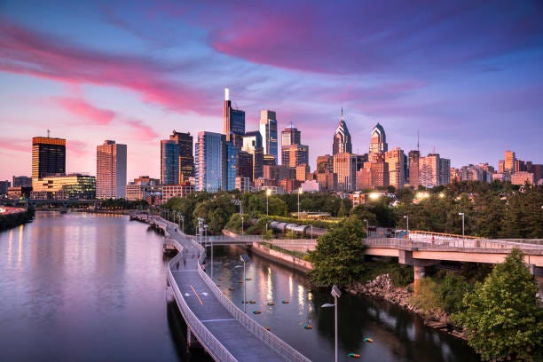 Philadelphia skyline viewed from the South Street Bridge.