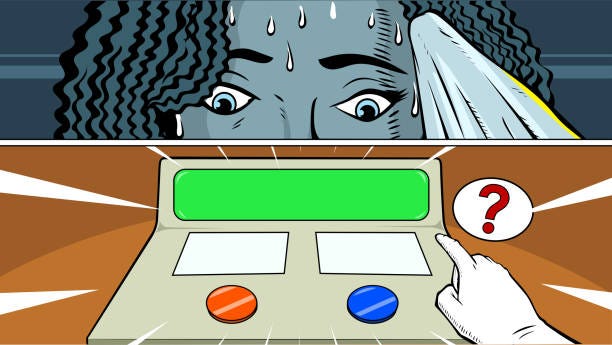 A retro pop art style vector illustration of a panicked woman in dilemma choosing a button