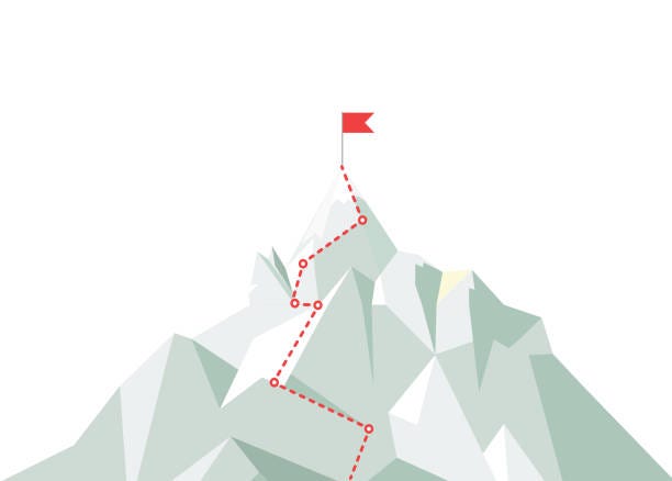 A geometric light green mountain with a winding red dashed line going up to the top, where there is a red flag at the peak