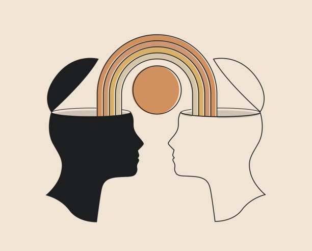 Illustration of two human heads facing each other and lines in a rainbow form connecting the insides of the head